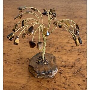 Vintage Tiger Eye Gemstone Tree South Africa Wire Bonsai Rock Decor 4.75" Tall